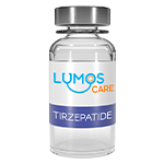 Clear bottle of Tirzepatide injection with a professional label, featuring the Lumos Care logo and dosage details, standing on a light background for weight loss treatment