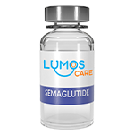 Clear bottle of Semaglutide injection with a minimalist label featuring the Lumos Care logo and dosage information, standing upright on a light background, evoking a clean and professional appearance for weight loss treatment